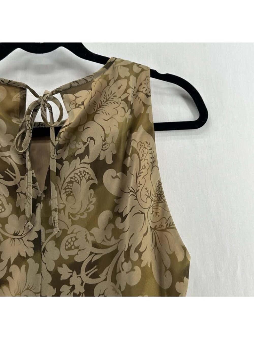 Donna Ricco Floral Chiffon A-Line Dress Womens 10 Tie Keyhole Sleeveless Vtg Tan - Picture 11 of 13